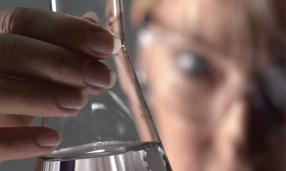 Scientist holding and examining a beaker filled with a liquid solution