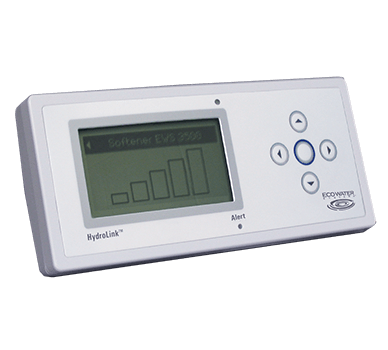 A white HydroLink remote displaying levels for an EWS 3500 water softener