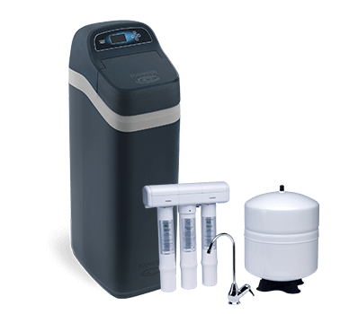 A black water softener next to a reverse osmosis filtration system with filters and faucet