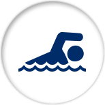 Blue icon of a person swimming in blue water