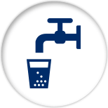 Blue icon of a water faucet and a glass filled with a blue substance with white circles in it