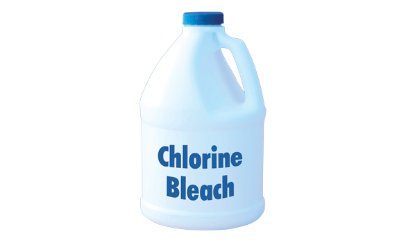 A white bottle with a label that says chlorine bleach