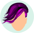A cartoon graphic of a person with short purple hair but no face.