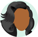 A cartoon graphic of a woman with black hair and no face.