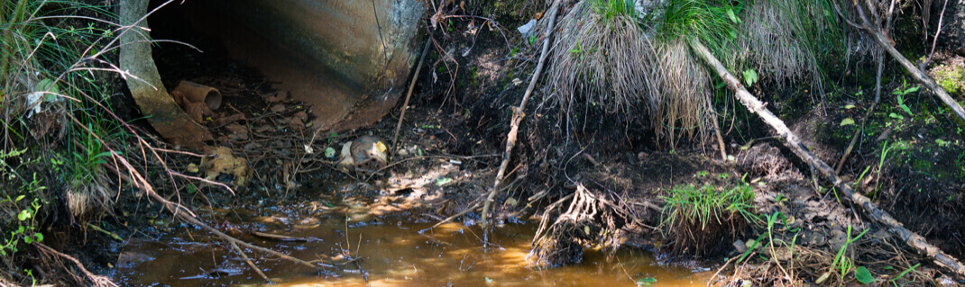 An outdoor water drainage showing murky water.